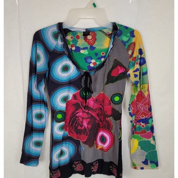 Desigual patch work embroidered long sleeve multicolor Y2K top women's XS - Picture 1 of 9